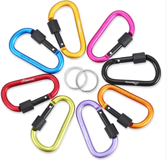 Detalle 2 de BEEWAY Locking Carabiner (8-pack) aircraft-aluminium D-ring clips for camping, hiking and travel