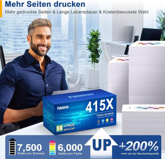 Detalle de Palmtree 415X 4er-Pack kompatibler Toner (W2030X–W2033X) mit Chip für HP 415X, passend für Color LaserJet Pro & MFP
