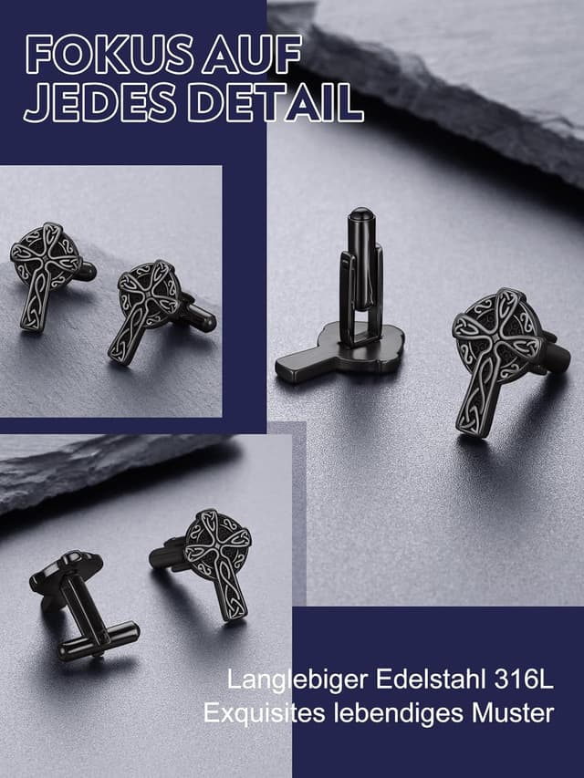 Detalle de Bandmax Manschettenknöpfe Herren aus Edelstahl im Wikinger-Design (Kreuz), silbern/schwarz