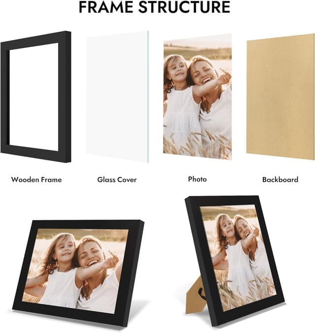 Detalle de Hongkee 8x10 Picture Frame (Real Glass + Wood Frame, Black) — Wall or Tabletop Display, 1 Pack