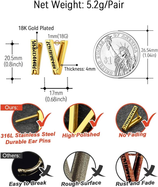 Detalle de FaithHeart Viking Hoop Earrings for Men with Norse Runes – Stainless Steel 316L, Hypoallergenic, Gift Wrapped