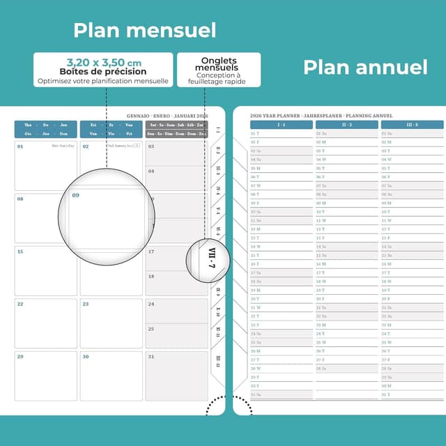 Detalle de IN-LUXPRO Agenda 2026 semainier A5 moyen (21,9 x 16,4 cm) à spirale, cuir PU bleu clair