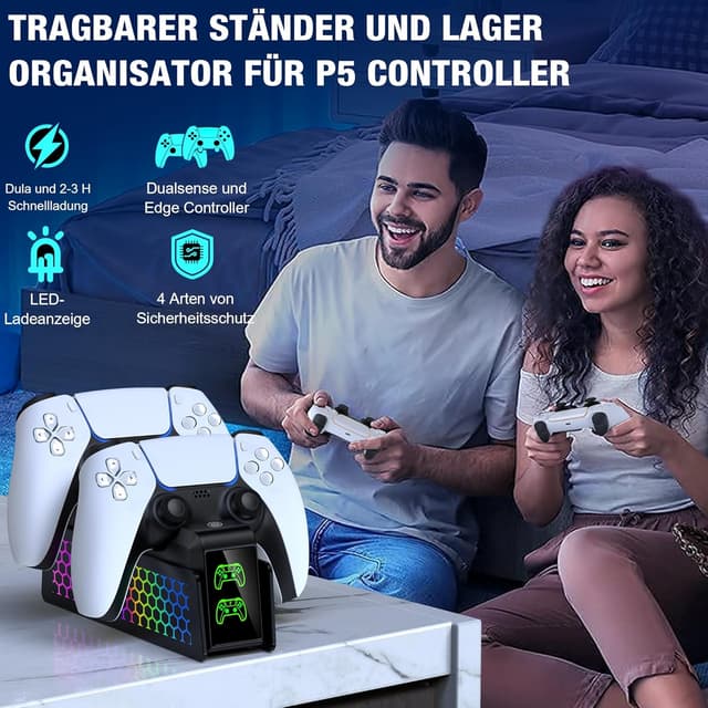 Detalle 2 de PS5 Controller Ladestation mit Cooler RGB-Lichteffekt für PlayStation 5 DualSense (2 Controller, Schnellladung)