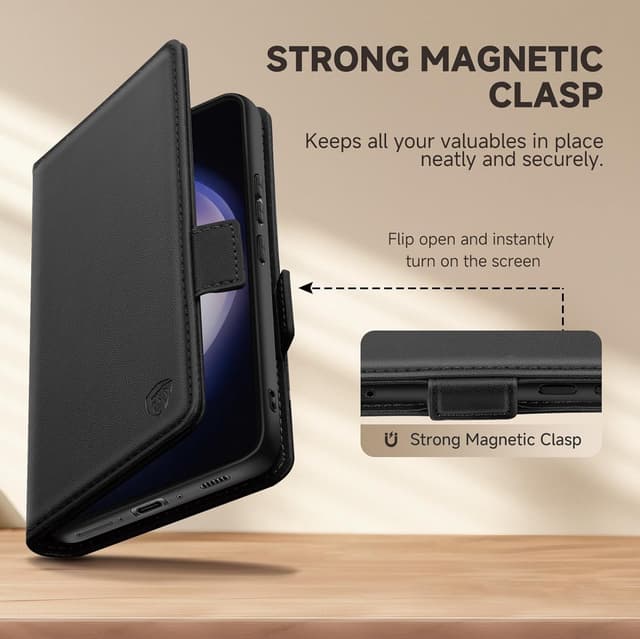 Detalle de CASBST for Samsung Galaxy S23 Kickstand Flip Leather Wallet Case with Card Slots (Black)