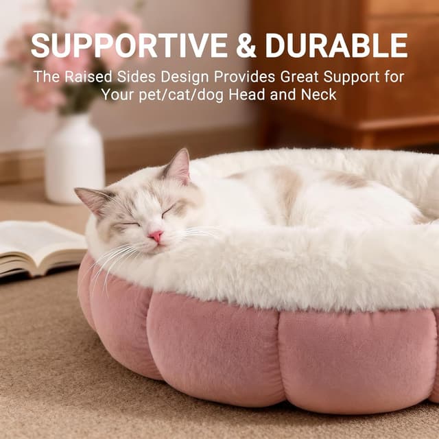 Detalle de EDMIENS Small Cat Bed (45x45x16.5cm) – Round Donut Fluffy Pet Cushion, Machine Washable, Pink