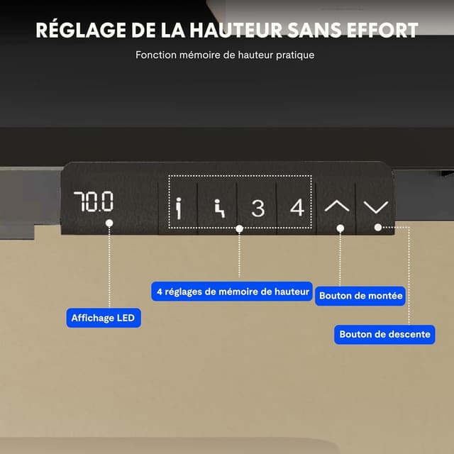 Detalle 2 de FLEXISPOT Bureau assis debout à 2 moteurs réglable en hauteur, cadre acier 100 kg avec panneau mémoire et anti-collision (gris)