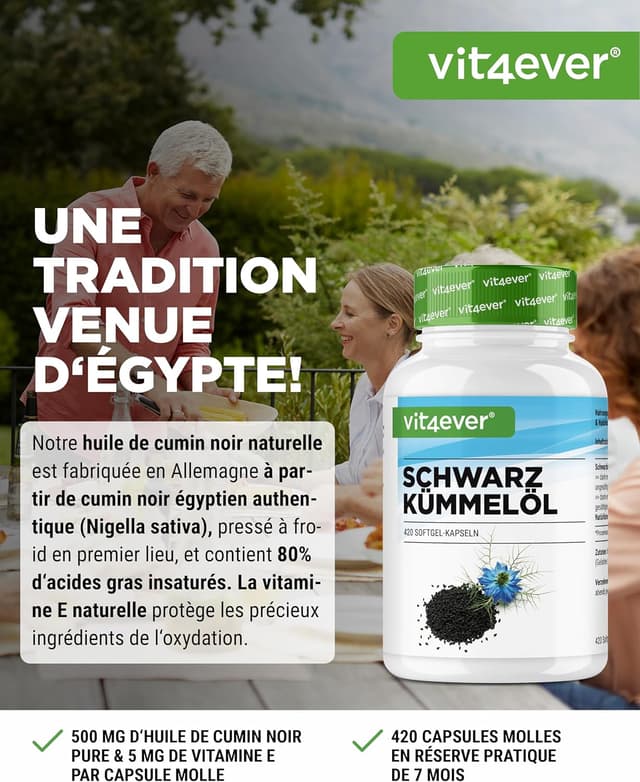 Detalle 2 de Huile de Cumin Noir (Nigella sativa) – 420 capsules – 1000 mg par portion Journalière