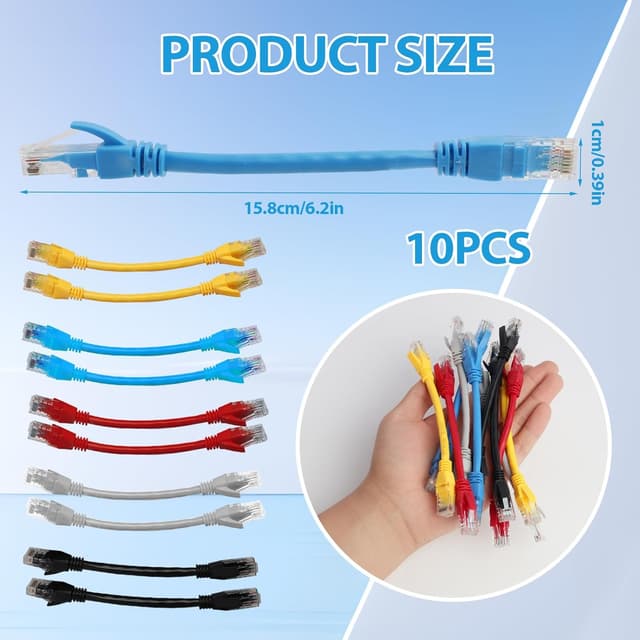 Detalle de FunWorth Short Cat6 Ethernet Cable (15cm) – 10 Pack RJ45 Patch Leads, Colour Coded for 1Gbps Network Setups