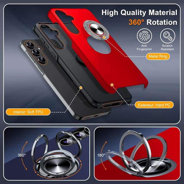 Detalle de Vaki Handyhülle für Samsung Galaxy S25 mit Schutzfolie – Case mit magnetischem Ring-Ständer, stoßfest & kratzfest (Rot)