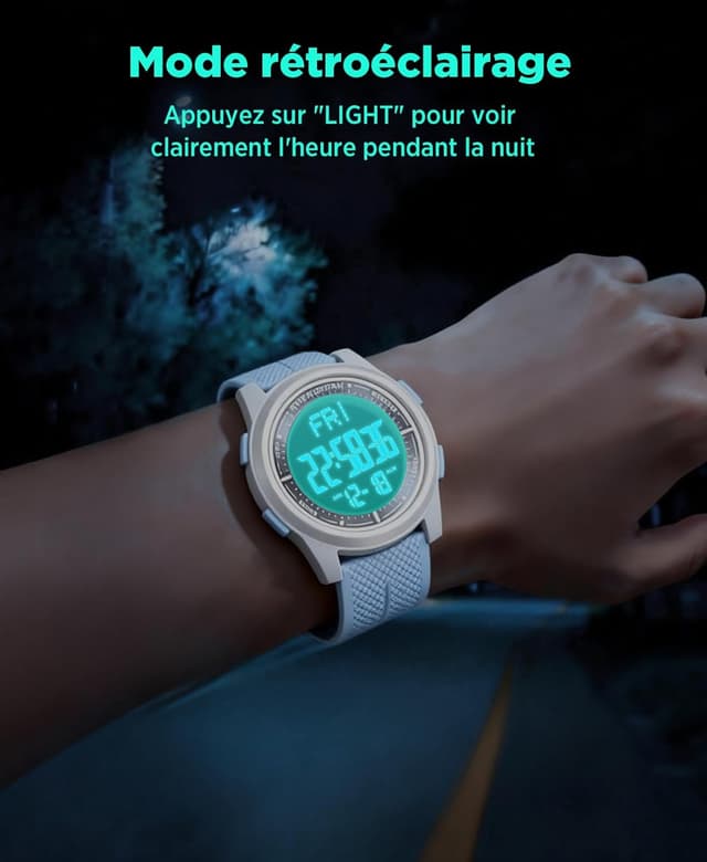 Detalle 2 de WIFORT Montre digitale étanche pour homme et femme, chronomètre, compte à rebours et alarme