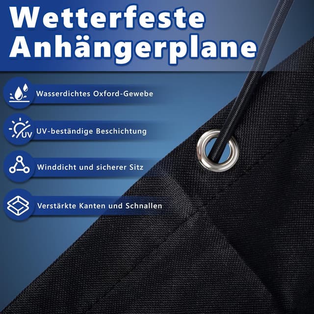 Detalle de Premium Anhängerplane 207,5 x 114 cm (Rand 10 cm) aus 600D Oxford, schwarz – flache Abdeckplane für PKW-Anhänger