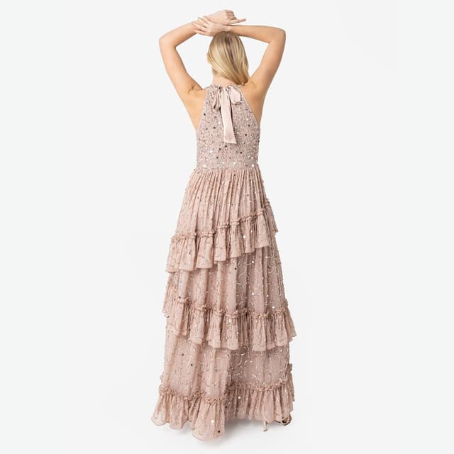 Detalle de Maya Deluxe embellished tie-back maxi dress for women in taupe blush (sleeveless ruffle evening occasion dress)