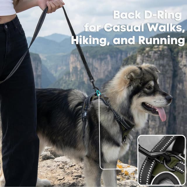 Detalle de PoyPet No Pull Dog Harness with Reflective Vest, 2 Leash Attachments and Control Handle (Army Green, L)