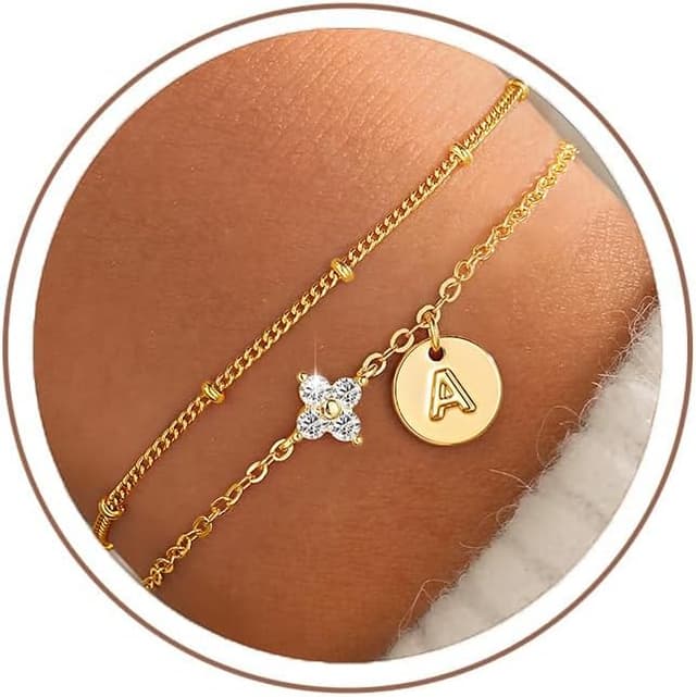 Detalle de TINGN Bracelet femme plaqué or 14 carats à initiales et trèfle à quatre feuilles