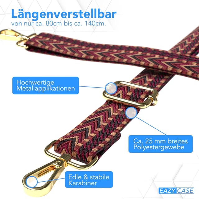 Detalle de EAZY CASE verstellbarer Taschengurt „Zig Zag“ – Ersatz-Schulterriemen für Hand- und Umhängetaschen, rot-braun mit Metallakzenten