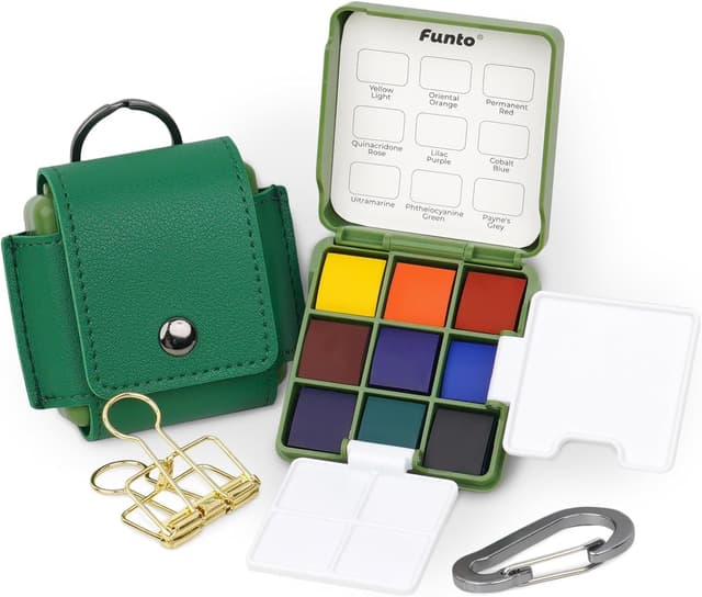 Detalle de Funto Faltbares Taschen-Wasserfarben-Set mit 2 Paletten und Lederhülle (9 Farben) – Reise-Skizzenkit