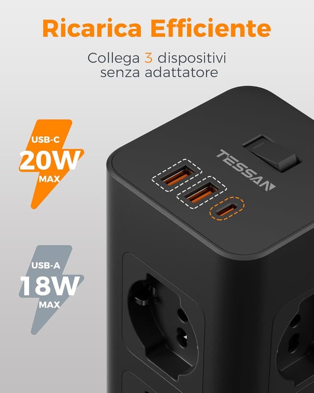 Detalle de TESSAN Ciabatta multipresa verticale con USB 20W, 8 prese IT e protezione da sovratensione (2 m)