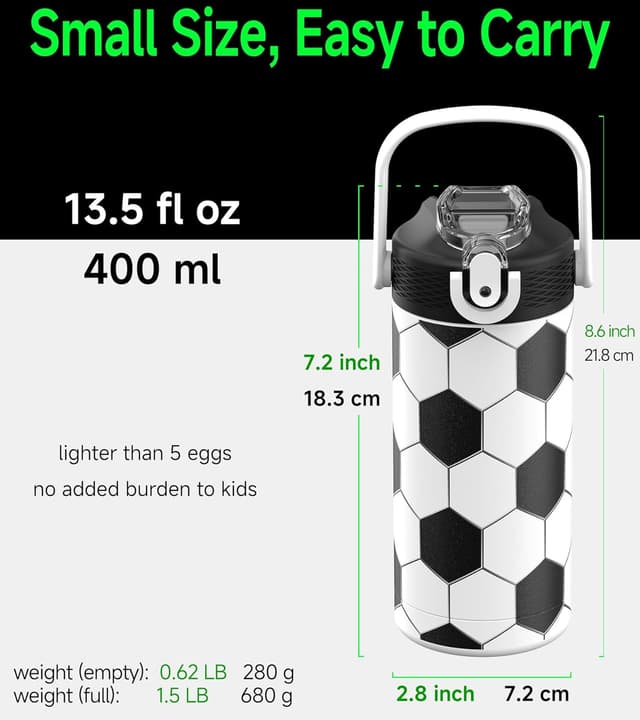 Detalle de MYFOREST 400ml Kids Insulated Water Bottle with Soft Sipper (Football) and Name Spot