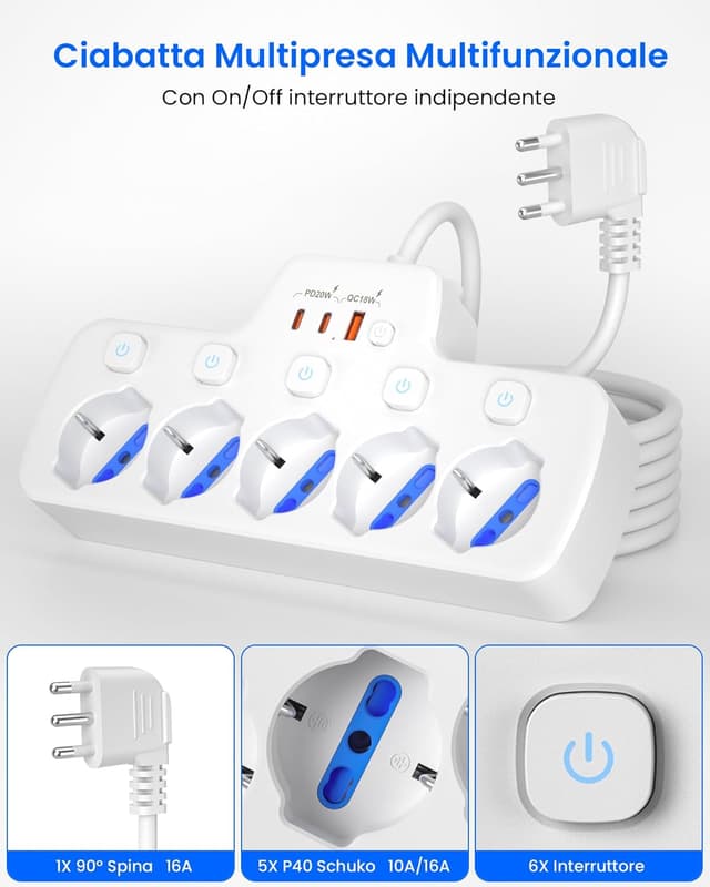 Thumbnail 1 de Ciabatta Elettrica Multipresa 5 Posti Schuko 16A