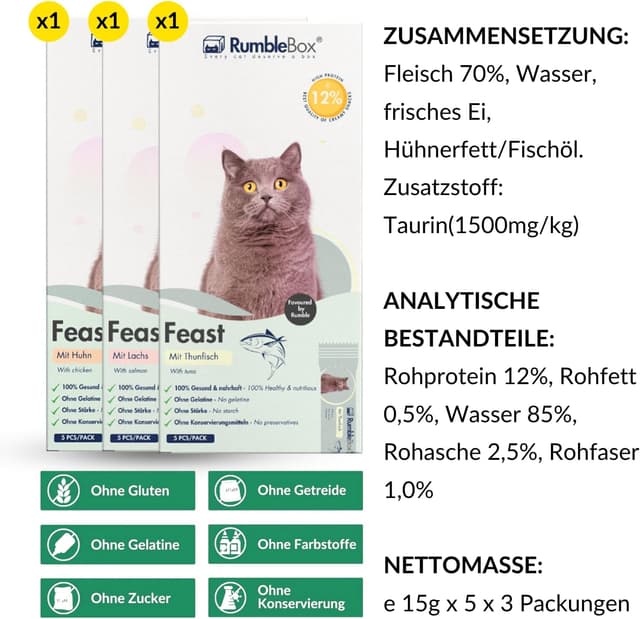 Detalle de RumbleBox Schleckies (Ultimate Sparbox) – getreidefrei & zuckerfrei, mit 70% Fleisch und Taurin