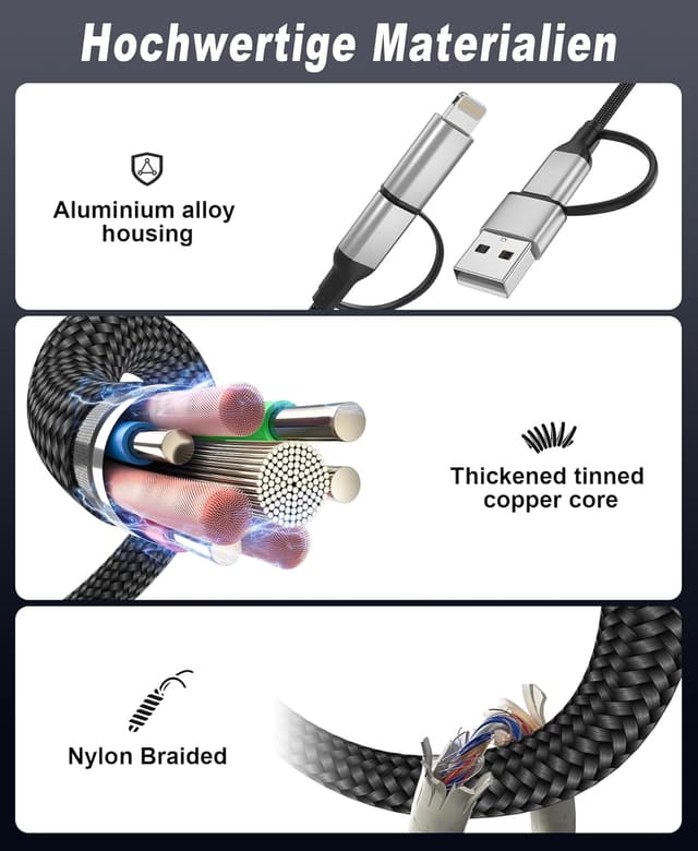 Detalle de 2m 4-in-1 Multi-USB-Ladekabel (USB‑C/Lightning) für iPhone & Android – Schnellladen bis 3A
