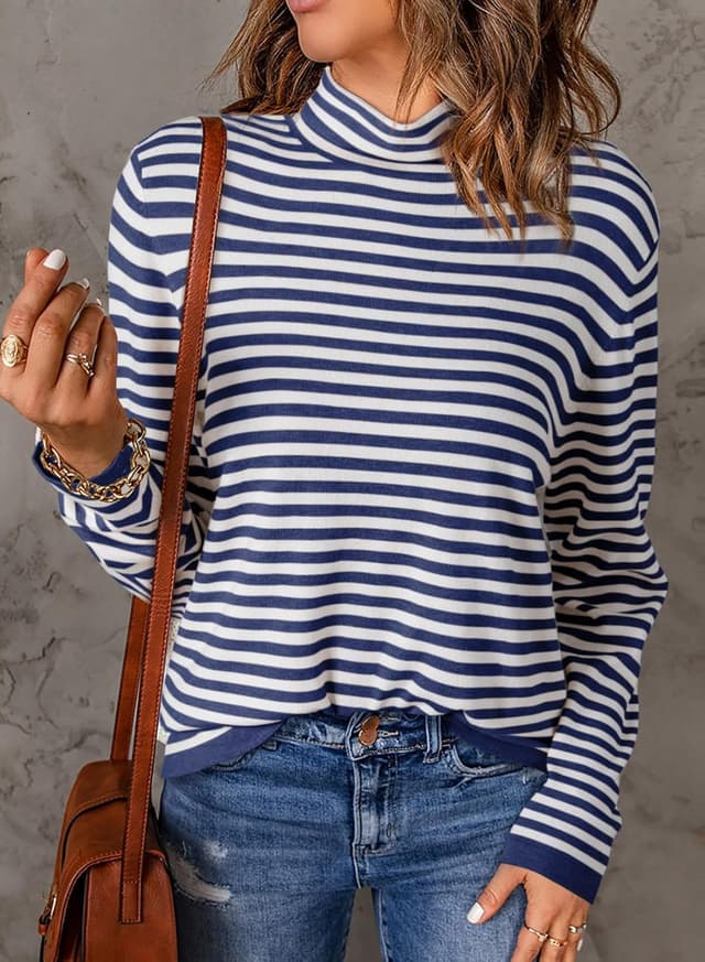 Detalle de Dokotoo women’s striped pullover jumper with half turtleneck, long sleeves & colour block knit (UK S–XXL)