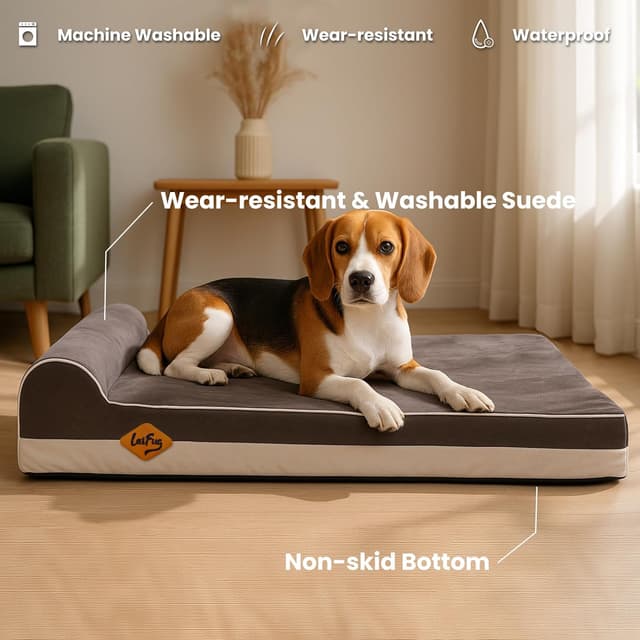 Detalle de LaiFug Orthopedic Memory Foam Dog Bed with Pillow, Waterproof Liner & Removable Cover (Medium, Grey)