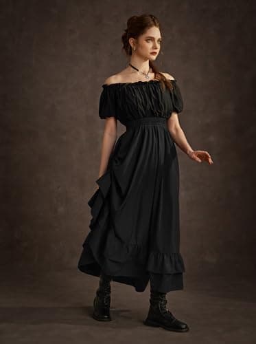 Detalle de SCARLET DARKNESS Jupe longue médiévale seampunk à taille haute, double couche à volants, noir (XXL)