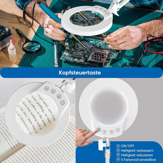 Detalle de Mandland 10X Lupe mit Licht und Klemme (beleuchtete Lupe aus echtem Glas) – White