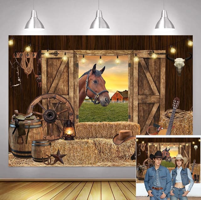 Detalle de 8x6ft Western Cowboy Backdrop (Rodeo Horse Theme) – Polyester photo prop for barn, birthday & party décor