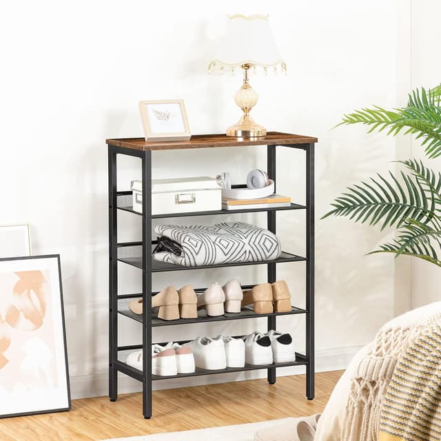 Detalle de HOOBRO EBF106XJ01 scarpiera a 5 livelli con ripiani a rete e struttura in metallo, in stile marrone vintage/nero