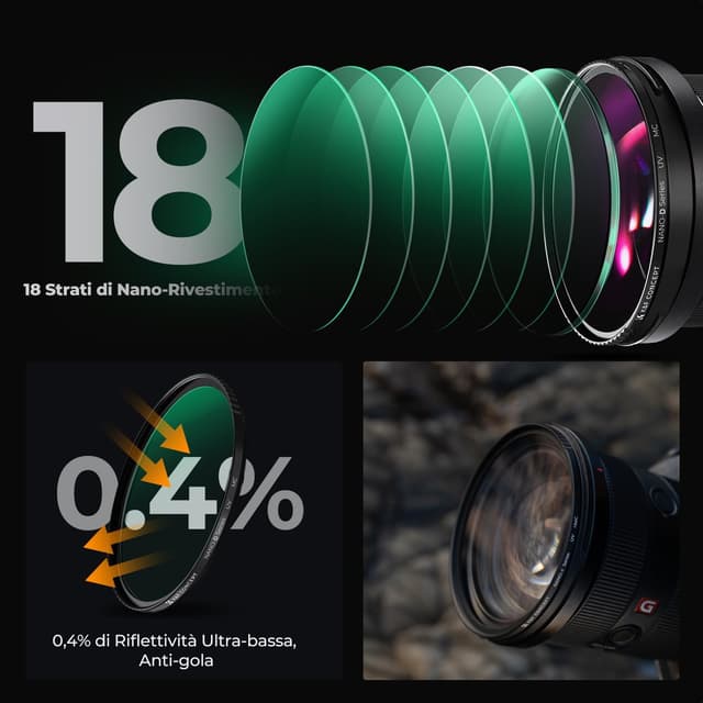 Detalle de K&F CONCEPT filtro UV 82mm con tappo e panno in microfibra, vetro ottico ultra sottile a 18 strati