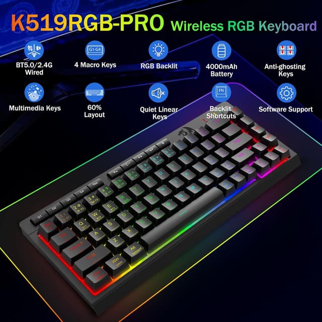 Detalle 2 de Redragon Wireless Gaming Keyboard (Tri-Mode Bluetooth/2.4GHz/USB-C) – 60% Mini RGB Macro Keyboard