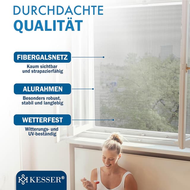 Detalle de KESSER® Fliegengitter Fenster 130x150 cm mit Aluminiumrahmen – Insektenschutz ohne Bohren (weiß)