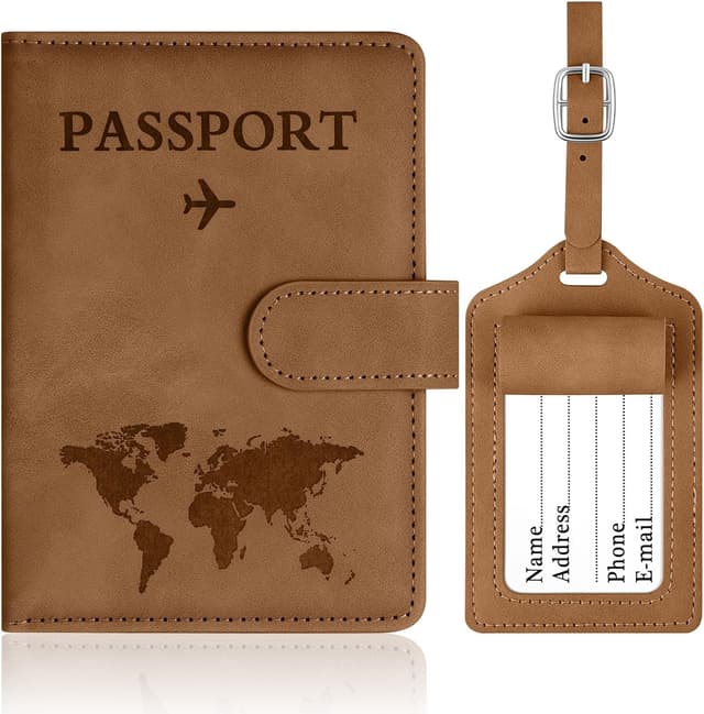 Detalle de OFFCUP Passport Holder Cover & Luggage Tag Set with RFID Blocking (PU Leather) – Brown