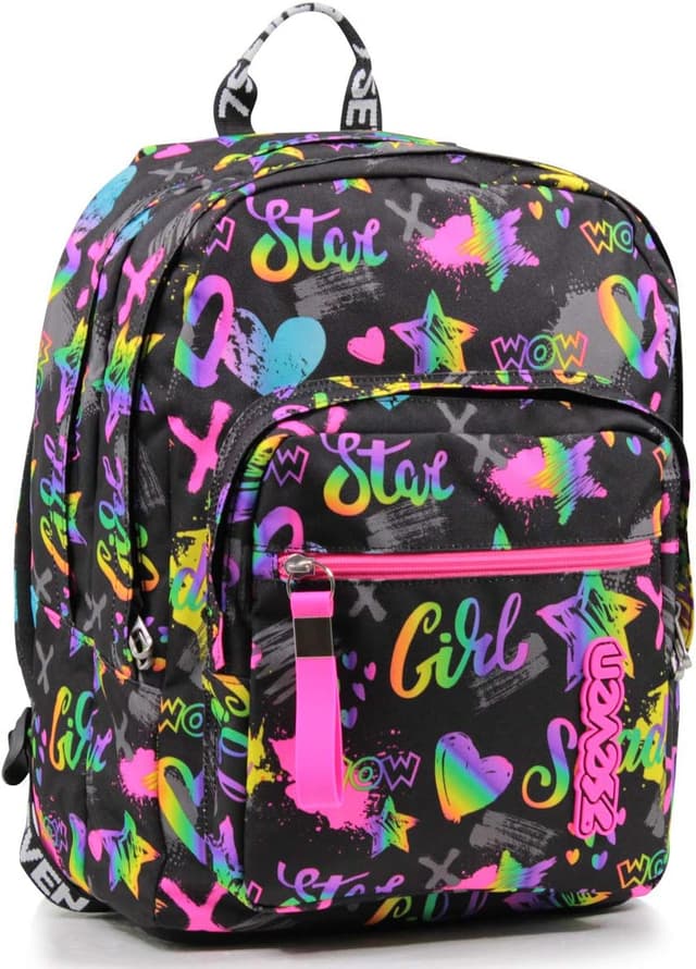 Detalle 2 de Seven Zaino New Fit Rosa e Nero Fantasy Black, doppio scomparto da scuola e viaggio