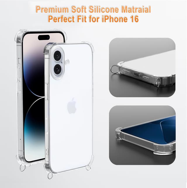 Detalle 2 de Coque XTCASE pour iPhone 16 avec cordon tour de cou en silicone TPU transparent (rose)