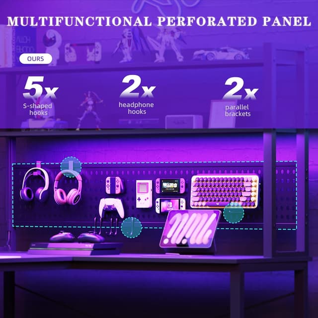 Detalle 2 de YOUDENOVA scrivania gaming angolare reversibile con pannello forato, libreria e LED RGB (155x100x152 cm) nero