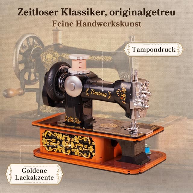 Detalle de PANTASY Retro Nähmaschine Baustein-Modell (Vintage Handkurbel) – mechanischer Zahnrad-Mechanismus & Mini-Schneiderei-Diorama