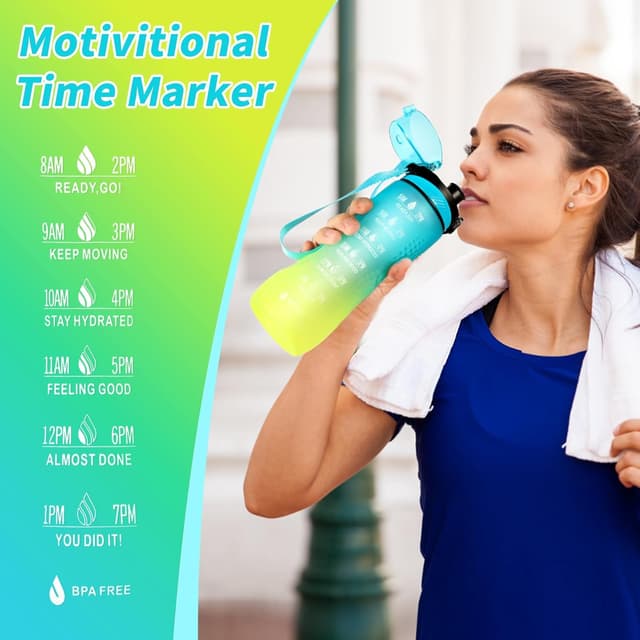 Thumbnail 6 de Binudum Motivations-Trinkflasche mit Zeitmarkierung (Tritan, BPA-frei) Blau Gold, 750 ml