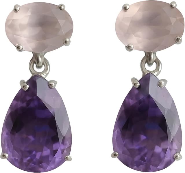 Detalle de Rose Quartz and Amethyst Sterling Silver Drop Earrings (Handmade 925 Silver) – Natural Gemstone Statement Drops