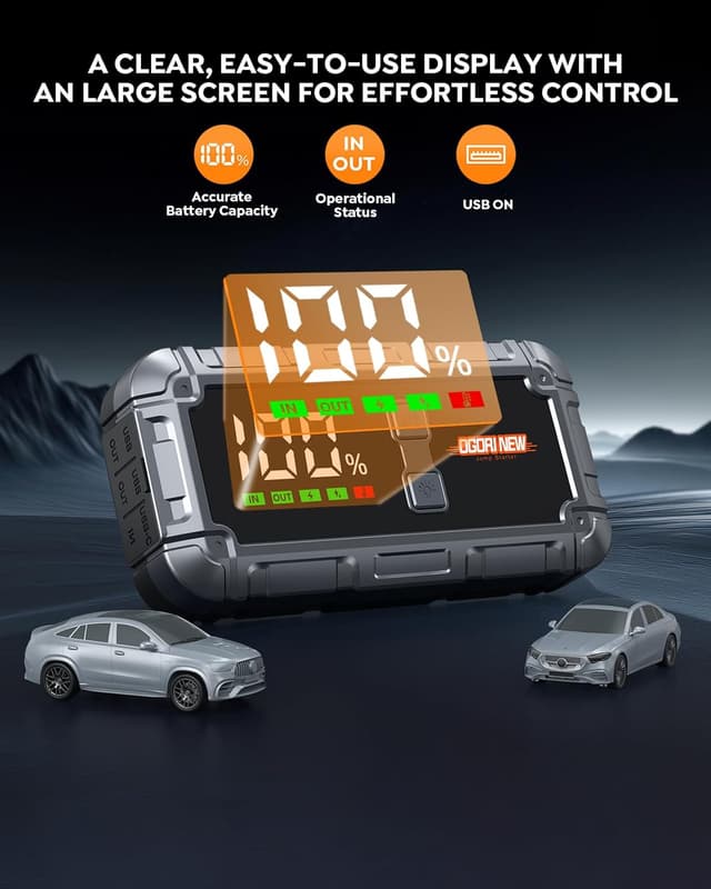 Detalle de OGORI 7000A Jump Starter Power Pack with LCD screen and LED emergency light for 12V vehicles