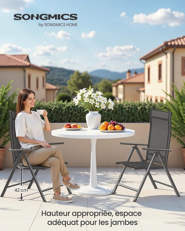 Detalle 2 de SONGMICS Chaise de jardin pliable lot de 2, dossier réglable 8 positions jusqu’à 150 kg (GCB29BK) – noir
