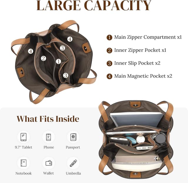 Detalle de S-ZONE Soft Genuine Leather Tote Bag for Women with Zipper & Bottom Rivets