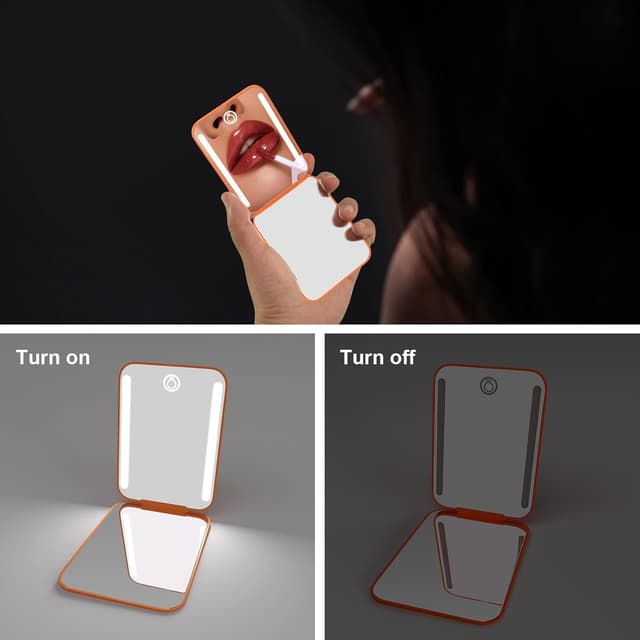 Detalle 2 de Kintion Rechargeable Pocket Mirror (Double-Sided 1X/3X) with 3 Color Lights, Dimmable—Orange