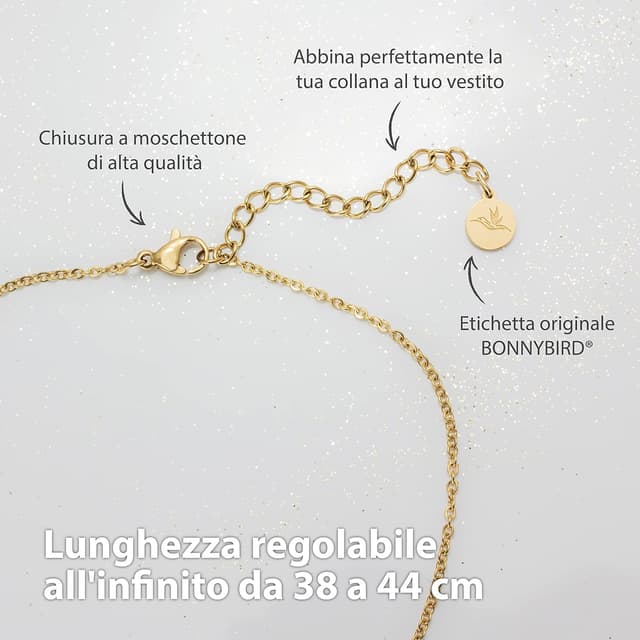 Detalle de BONNYBIRD BonnyCoin collana estiva donna in acciaio inox argento, oro e oro rosa regolabile 38–44 cm, impermeabile e senza nichel