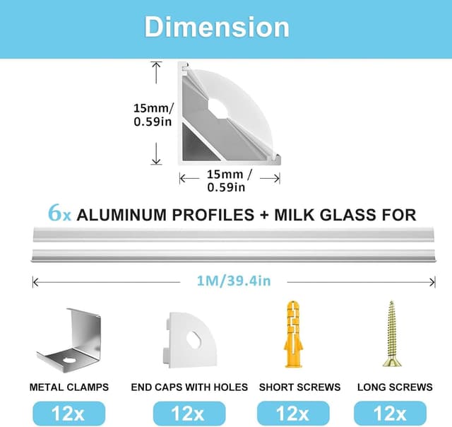 Detalle de VEANANO V-Shape LED profile diffuser channel kit (6-pack) with milky cover, end caps and mounting clips