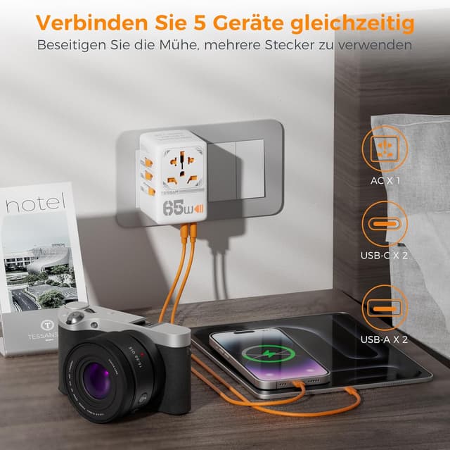 Detalle de TESSAN 65W GaN Reiseadapter für Welt