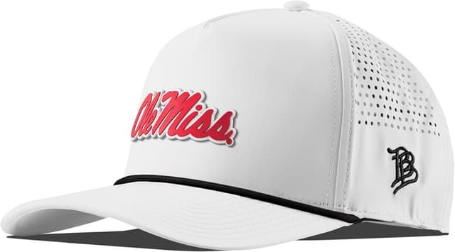 Detalle de Branded Bills Officially Licensed Ole Miss Rebels 5-Panel Crimson Script PVC Snapback Hat