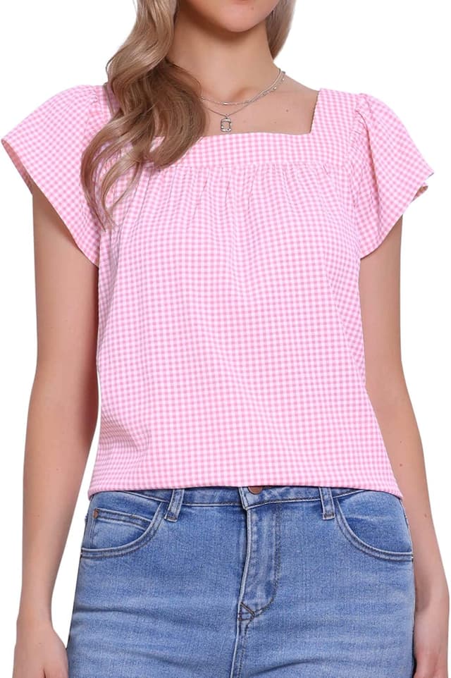 Detalle de Allegra K Damen kariertes ärmelloses Hemd mit quadratischem Ausschnitt